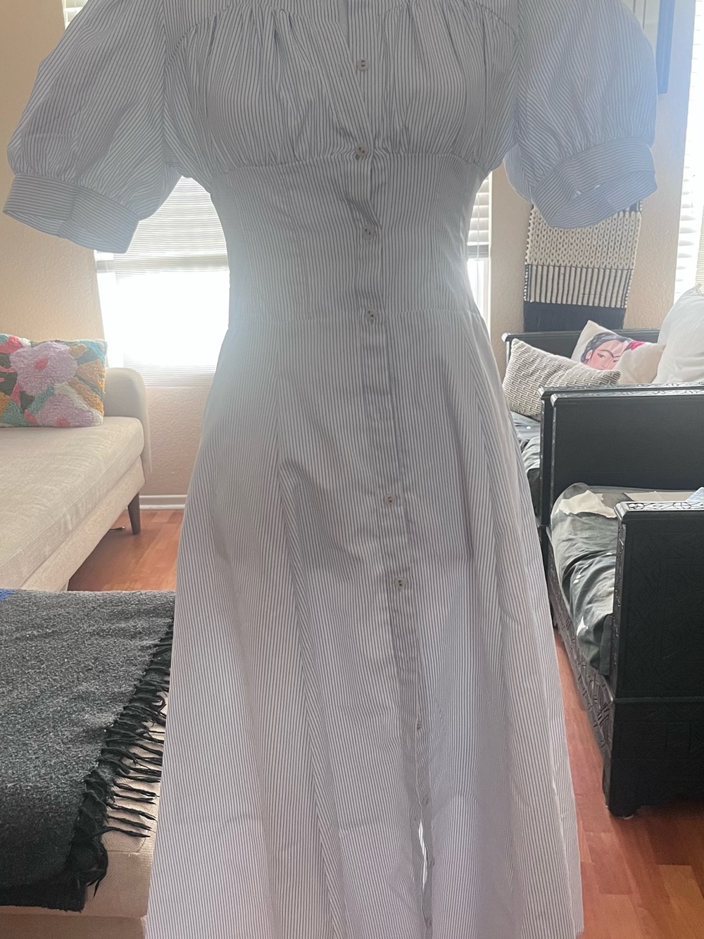 Majestic Light Blue & White Striped Puff-Sleeve Maxi Dress